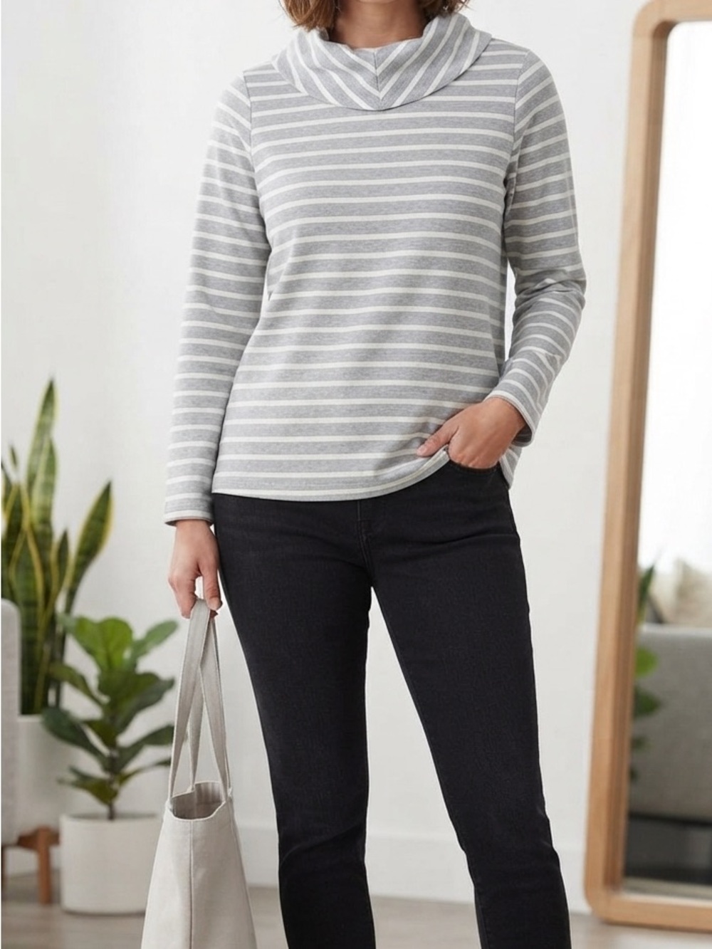 Striped Cowl Neck Sweater - Gray & Cream
